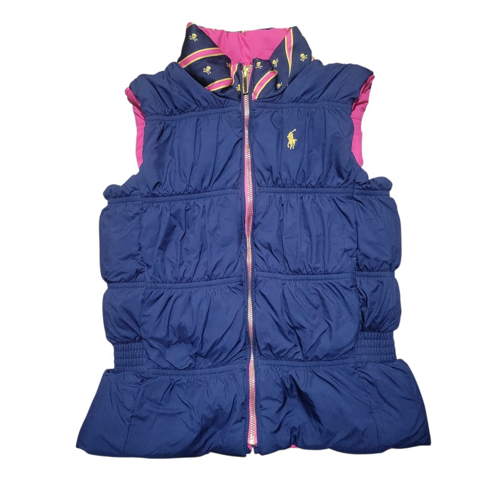 Polo Ralph Lauren Girl Pink/Blue Reversible Full Zip Down Puffer Vest Size Small - Picture 2 of 6